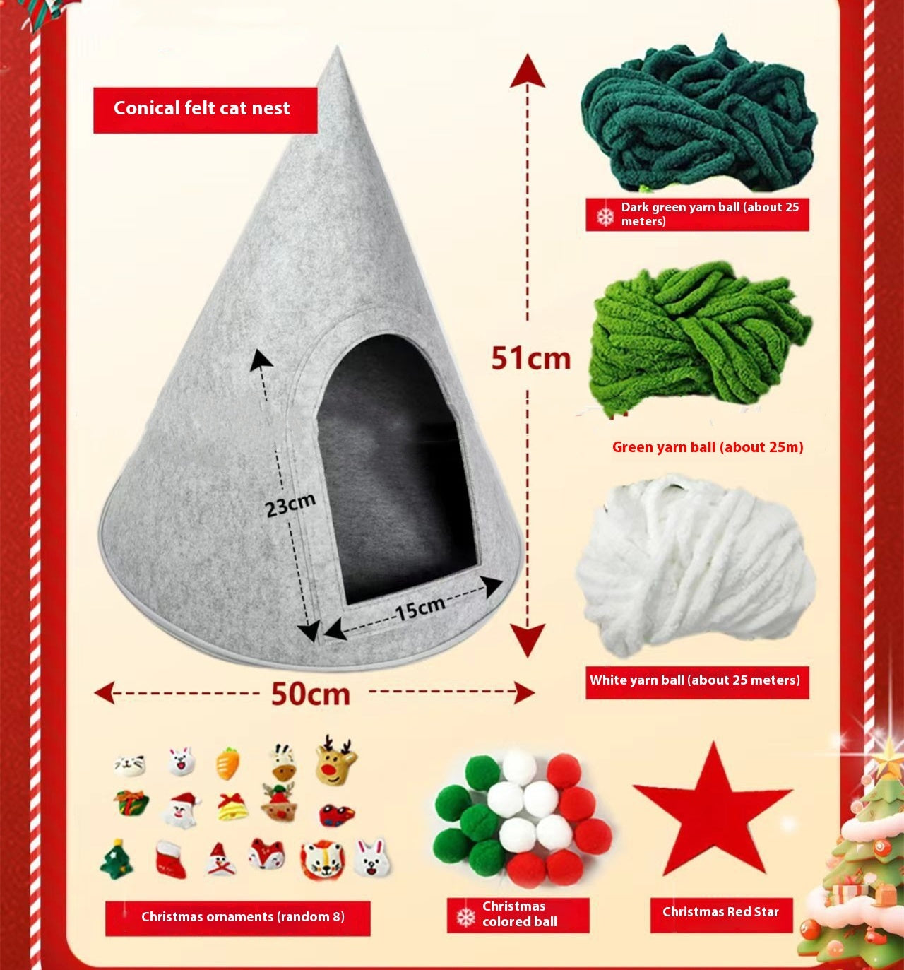 Christmas Handmade Felt Indoor Tent Style Enclosed Cat Nest